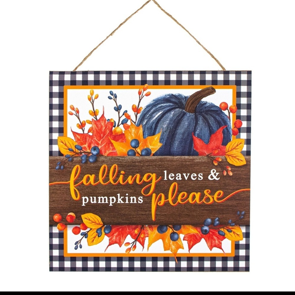10" Square Wooden Sign: Falling Leaves & Pumpkins Please